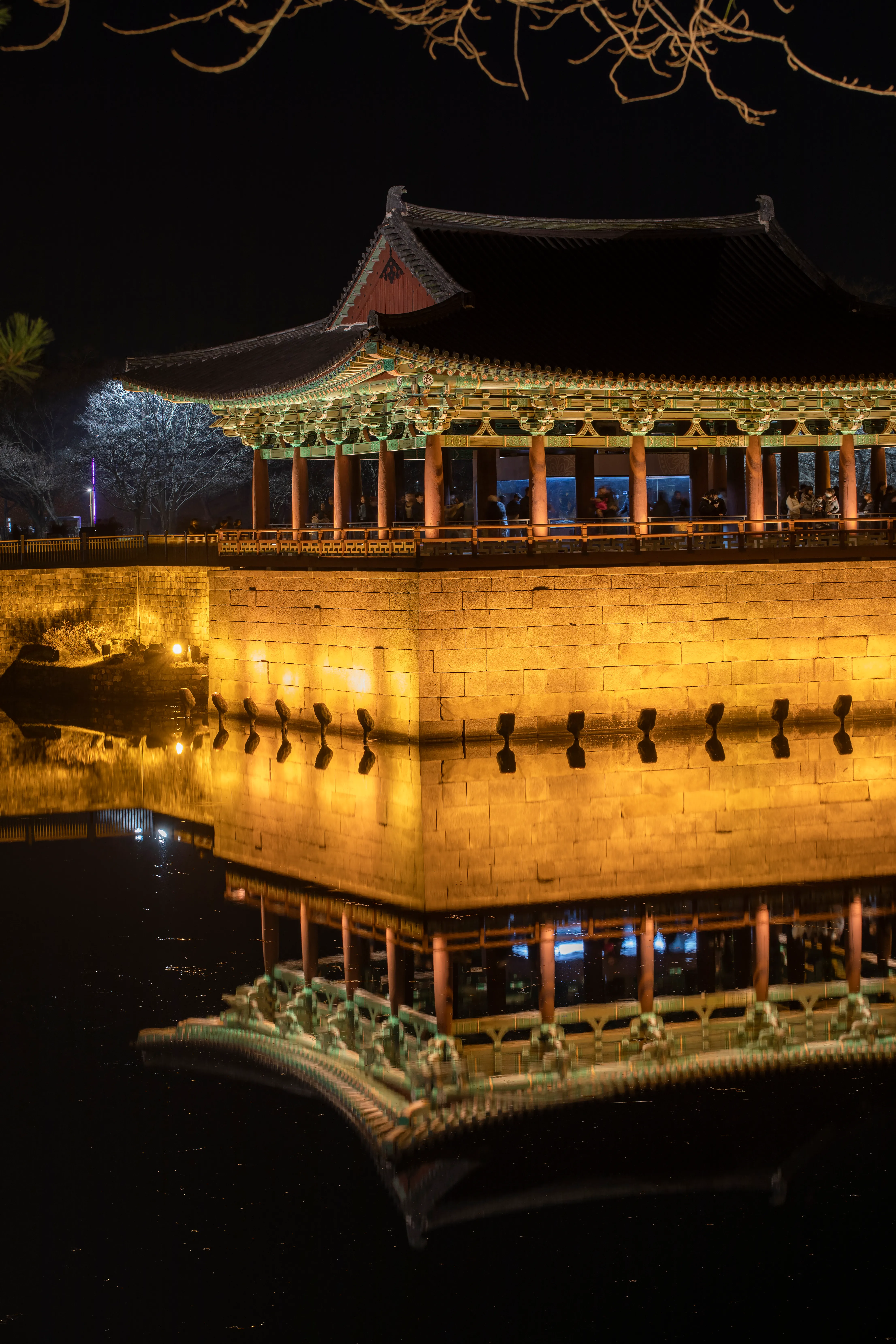 Donggung Palace reflected in Wolji Pond after dark