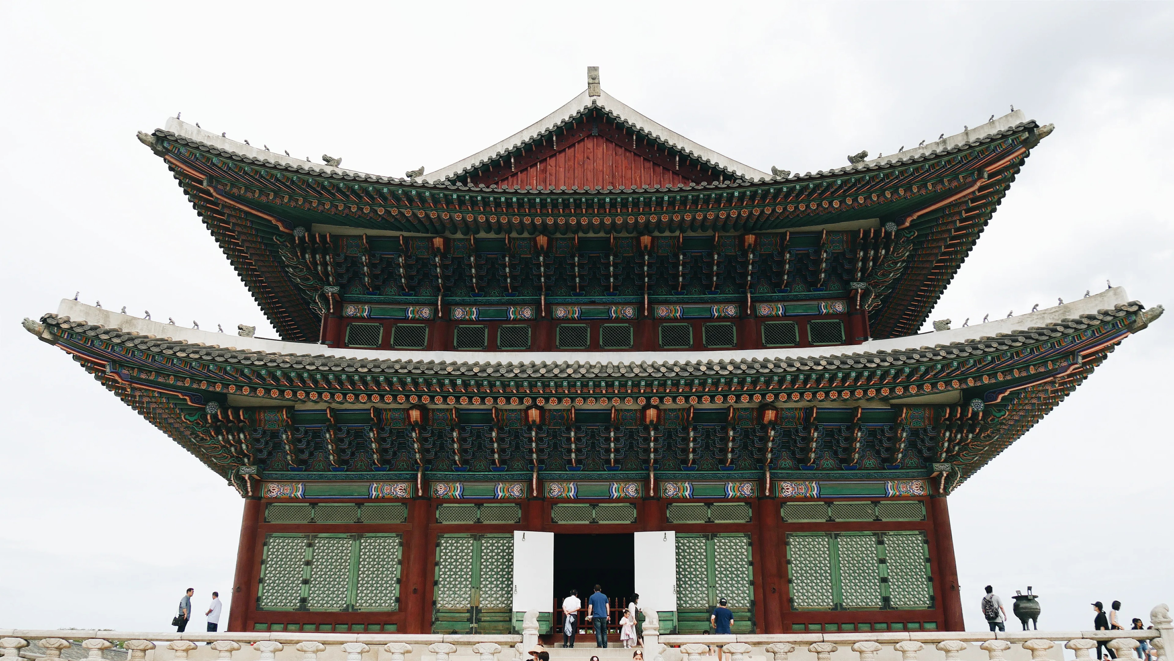The painted facade of a royal palace in Seoul
