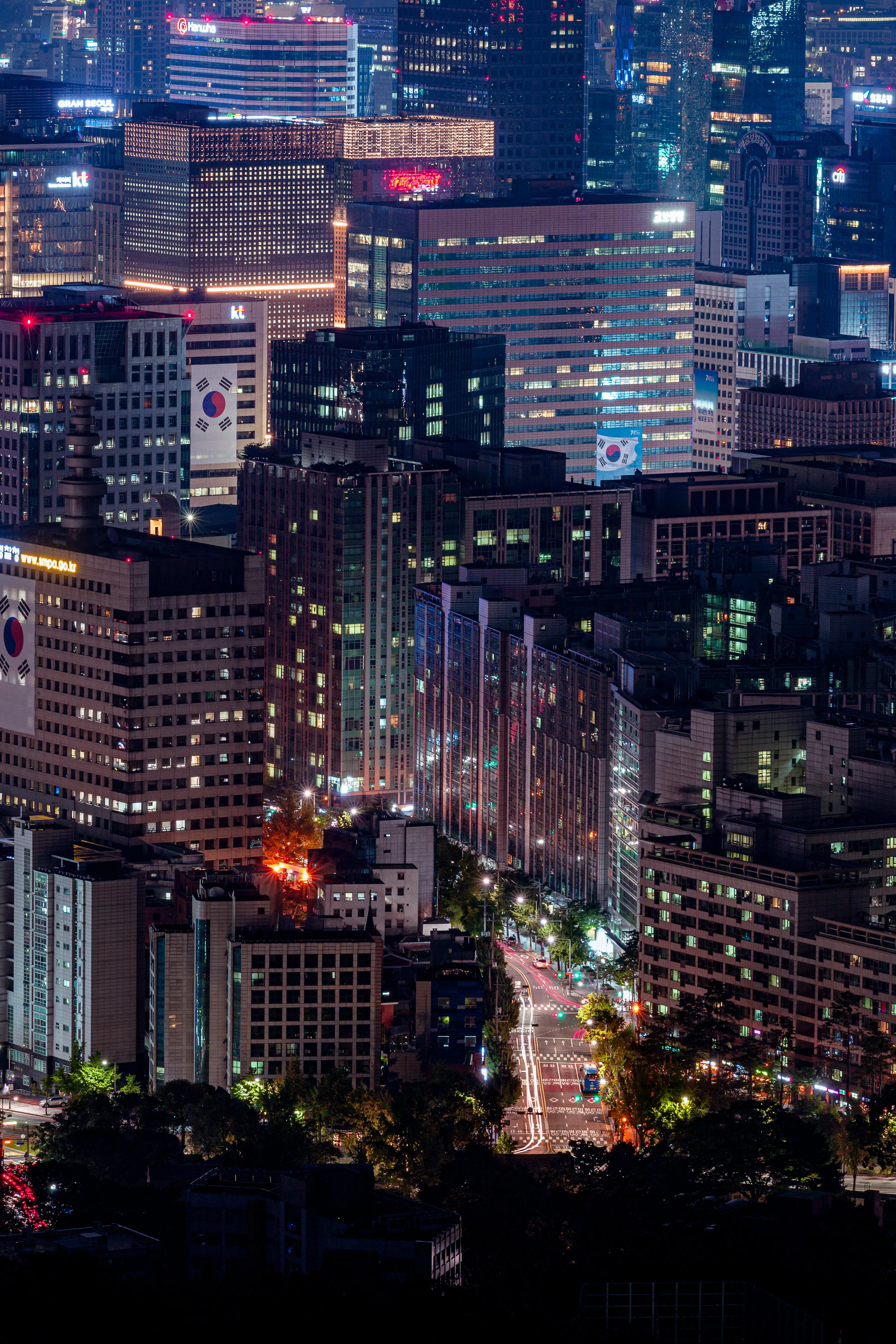 Seoul towers and streets illuminated after dark